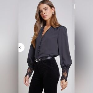 L'AGENCE Black Button-Down Blouse with Lace Sleeves